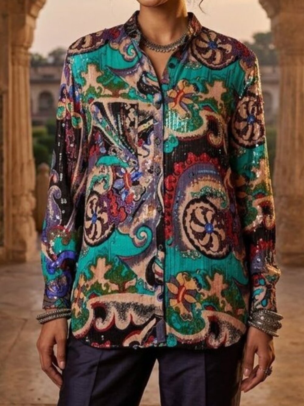 JA Resort NWT vintage paisley India 1980’s sequin beaded button down blouse, M